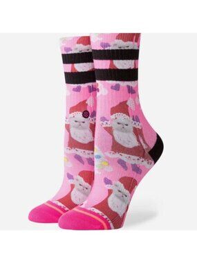 Stance Santapaws Pink Crew Socks Girls Large 2-5.5 New Light Cushion Christmas C